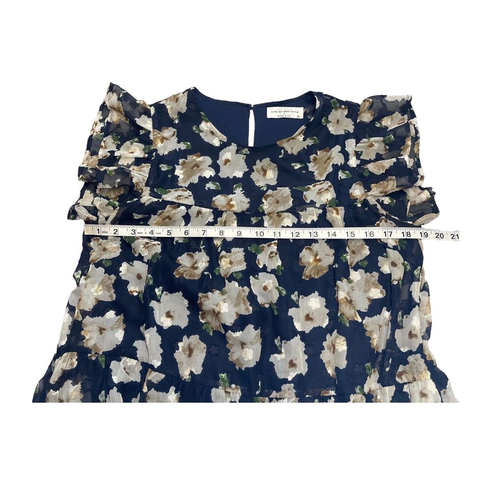 Pink Lily x Living My Best Style Tiered Dress Womens L Navy Floral Ruffle Sleeve - Picture 3 of 9